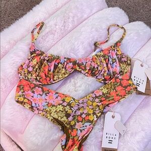 Billabong Brown Floral Cutout Bikini with Pink & Coral Flowers
